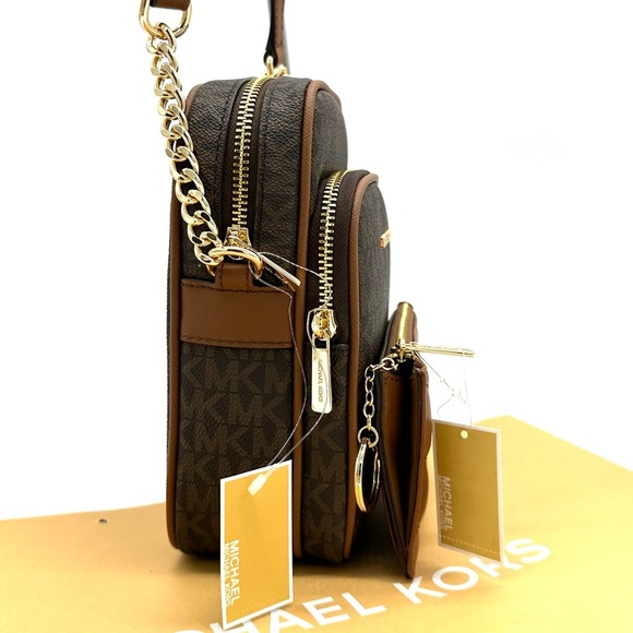Michael Kors Medium NS Chain Xbody Bag & Small TZ Coinpouch w/ID Brown/Gold - Picture 4 of 14